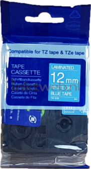 Huismerk Brother TZE-535 wit op blauw breedte 12 mm