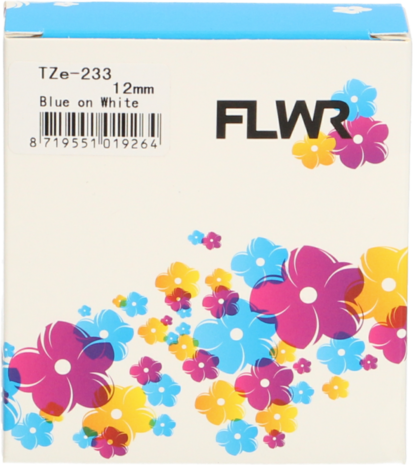 FLWR Brother TZE-233 blauw op wit breedte 12 mm